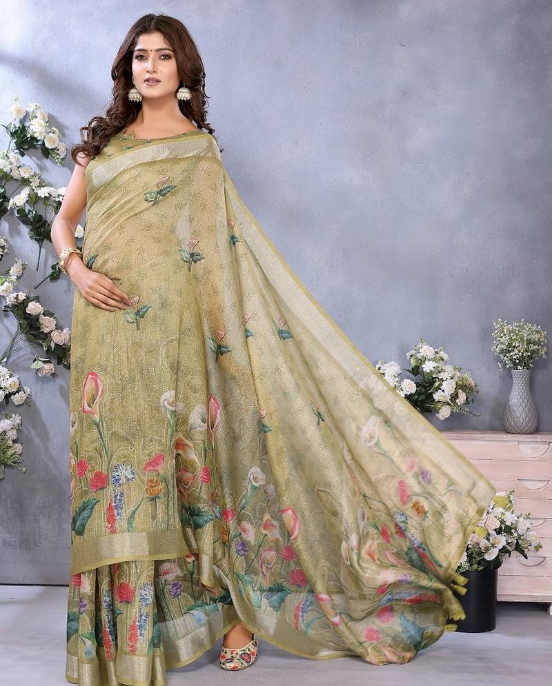 Elegant printed ready to wear linen shimmer saree with designer blouse