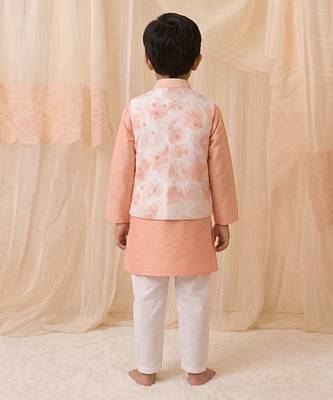 Peach printed chanderi kurta jacket set 2