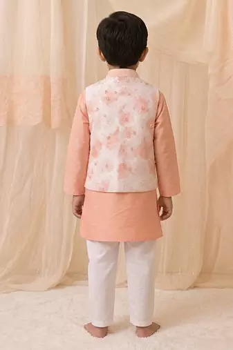 Peach printed chanderi kurta jacket set