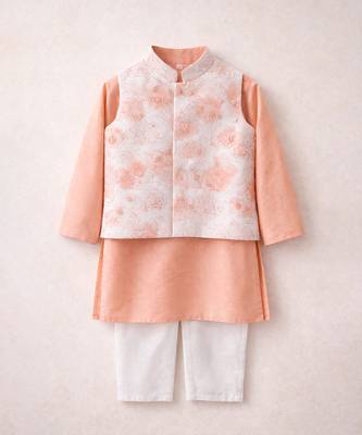 Peach printed chanderi kurta jacket set 3