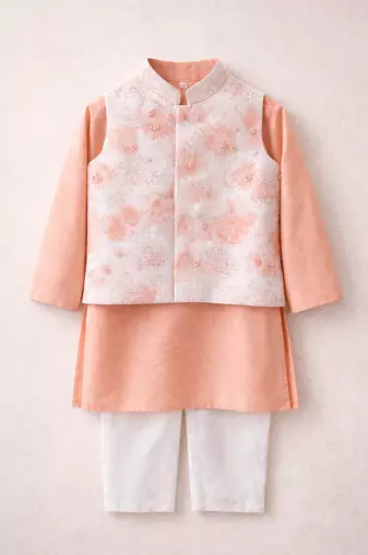 Peach printed chanderi kurta jacket set