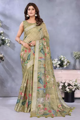 Elegant printed ready to wear linen shimmer saree with designer blouse
