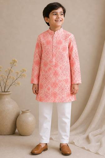 Pink printed chanderi kurta set