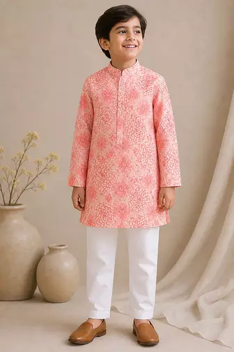 Pink printed chanderi kurta set