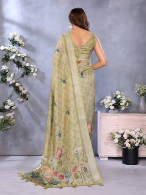 Elegant printed ready to wear linen shimmer saree with designer blouse 4