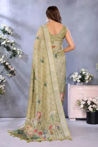 Elegant printed ready to wear linen shimmer saree with designer blouse