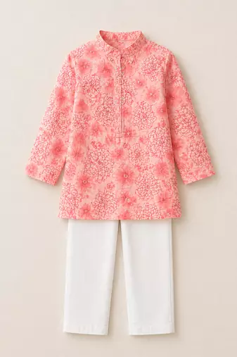 Pink printed chanderi kurta set