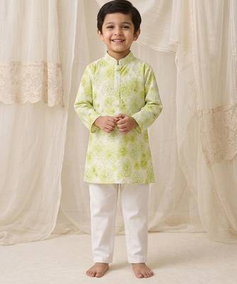 Lime green printed chanderi kurta set 1