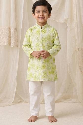 Lime green printed chanderi kurta set