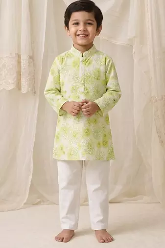 Lime green printed chanderi kurta set