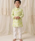 Lime green printed chanderi kurta set