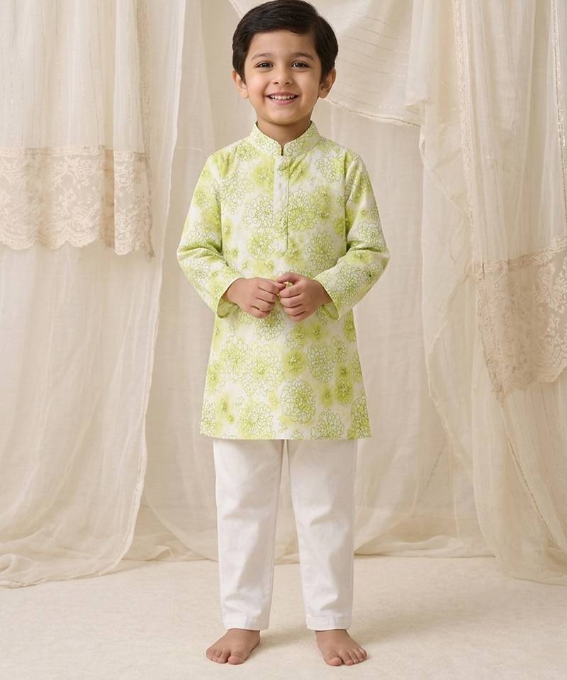Lime green printed chanderi kurta set