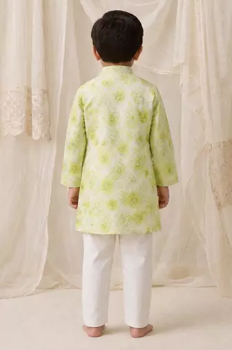 Lime green printed chanderi kurta set