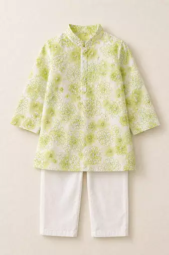 Lime green printed chanderi kurta set