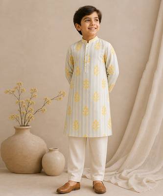Off white yellow printed chanderi kurta set 1