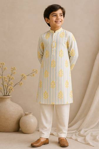 Off white yellow printed chanderi kurta set