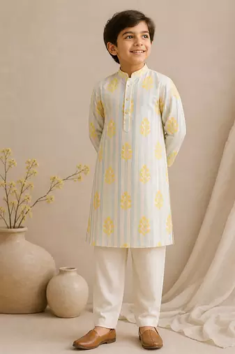 Off white yellow printed chanderi kurta set