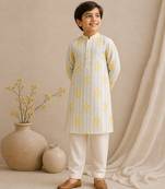 Off white yellow printed chanderi kurta set