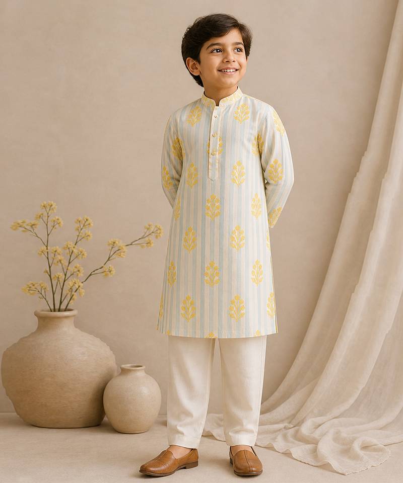 Off white yellow printed chanderi kurta set