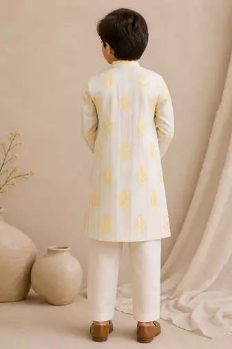 Off white yellow printed chanderi kurta set