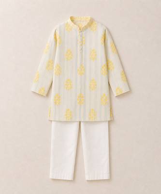 Off white yellow printed chanderi kurta set 3