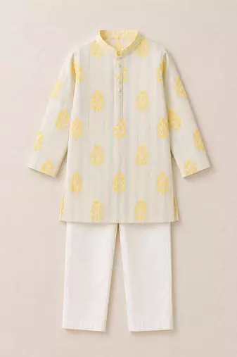 Off white yellow printed chanderi kurta set