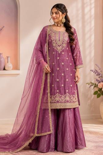 Pink fandy silk embroidered palazzo suit set