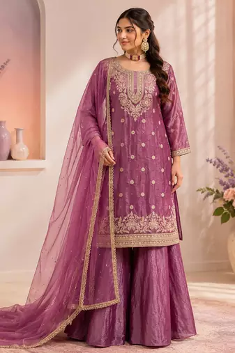 Pink fandy silk embroidered palazzo suit set