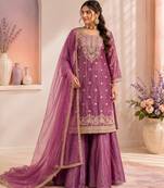 Pink colour fandy silk embroidered palazzo suit set