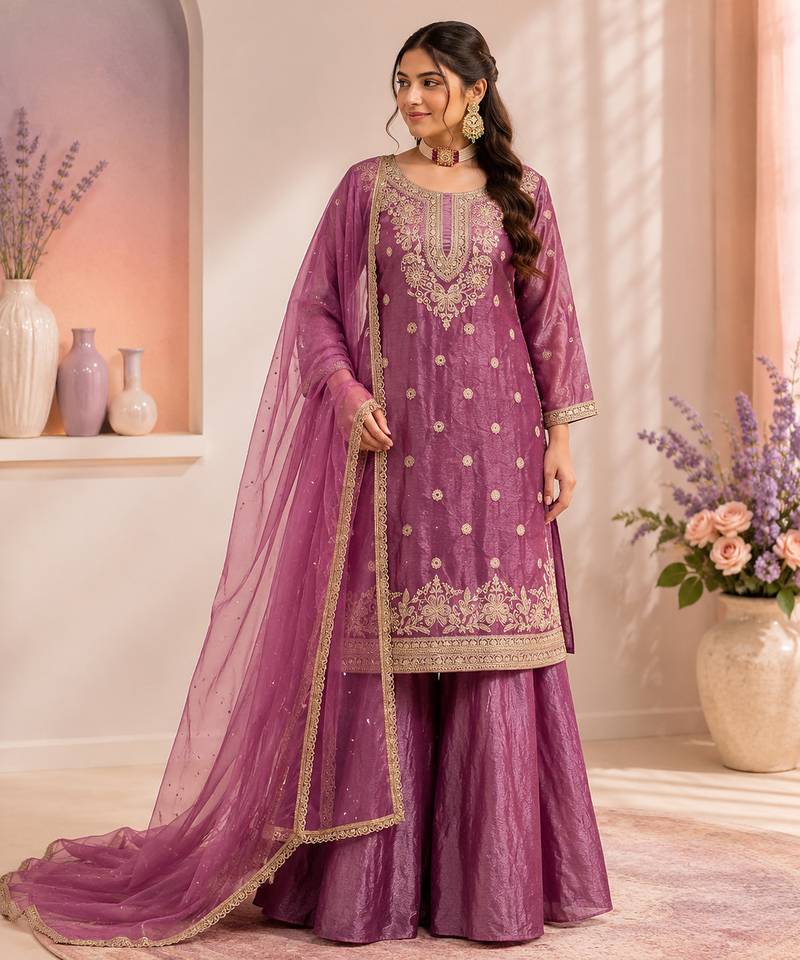Pink colour fandy silk embroidered palazzo suit set