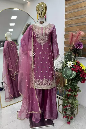 Pink fandy silk embroidered palazzo suit set