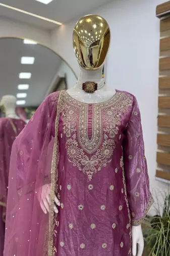 Pink fandy silk embroidered palazzo suit set