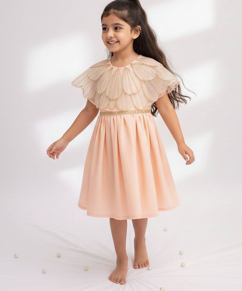 Pastel peach hand woven chanderi dress