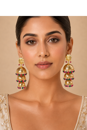 Wedding wear three tier ruby emerald beaded jhumkas 4