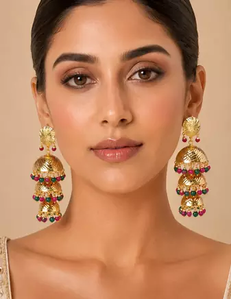 Wedding wear three tier ruby emerald beaded jhumkas