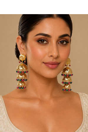 Wedding wear three tier ruby emerald beaded jhumkas 5