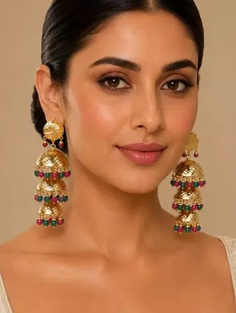 Wedding wear three tier ruby emerald beaded jhumkas