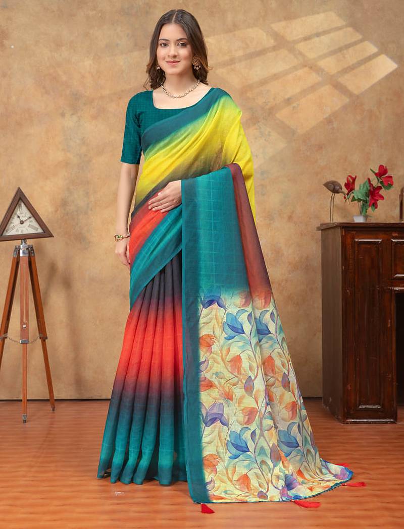 multicolor Linen cotton ready to wear saree with unstitched blouse