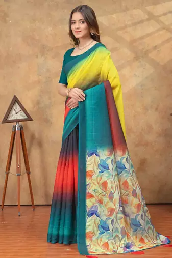 multicolor Linen cotton ready to wear saree with unstitched blouse
