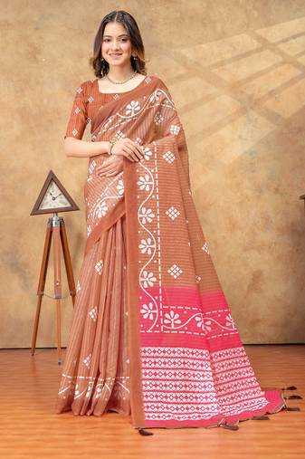beige colour Linen cotton ready to wear saree with unstitched blouse
