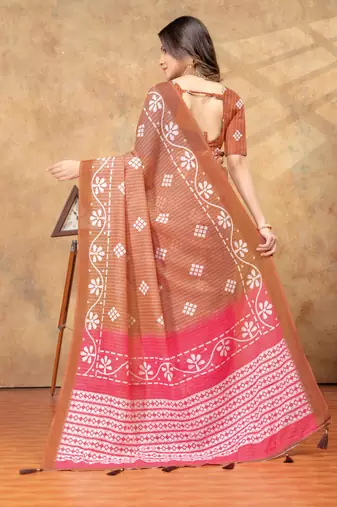 beige colour Linen cotton ready to wear saree with unstitched blouse