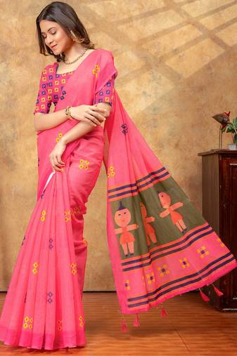 pink colour Linen cotton ready to wear saree with unstitched blouse