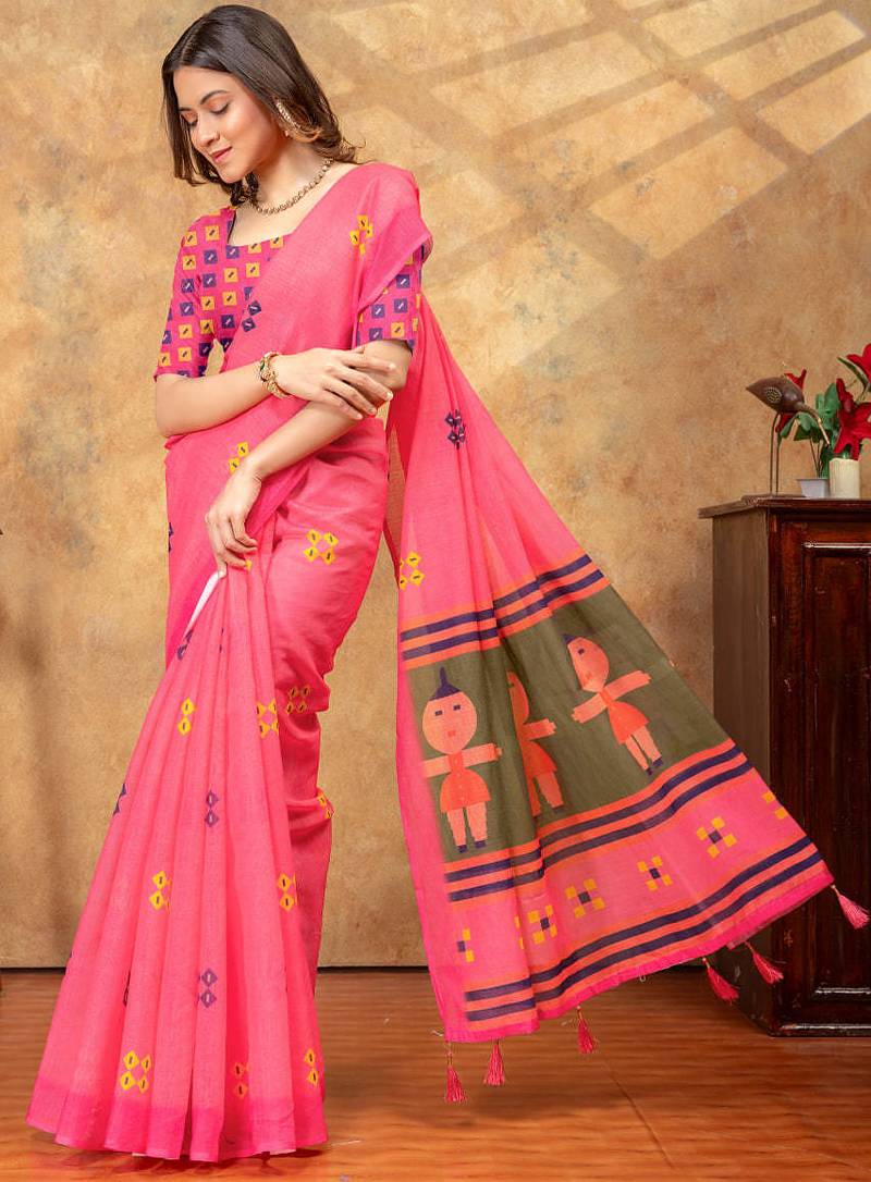 pink colour Linen cotton ready to wear saree with unstitched blouse