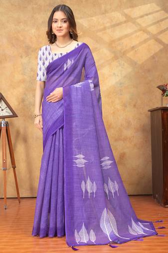 purple colour Linen cotton ready to wear saree with unstitched blouse