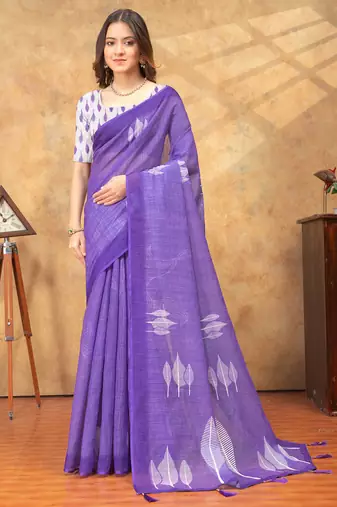 purple colour Linen cotton ready to wear saree with unstitched blouse