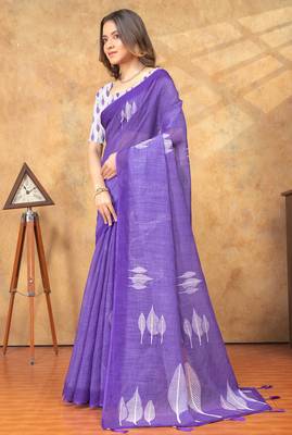 purple colour Linen cotton ready to wear saree with unstitched blouse 3