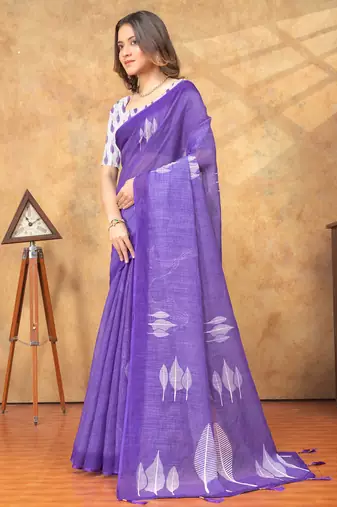 purple colour Linen cotton ready to wear saree with unstitched blouse