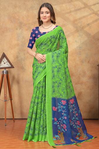 green colour Linen cotton ready to wear saree with unstitched blouse