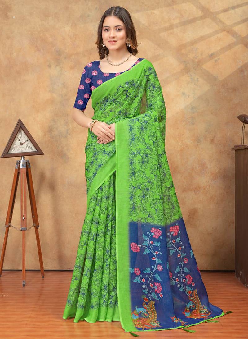 green colour Linen cotton ready to wear saree with unstitched blouse