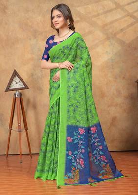 green colour Linen cotton ready to wear saree with unstitched blouse 2